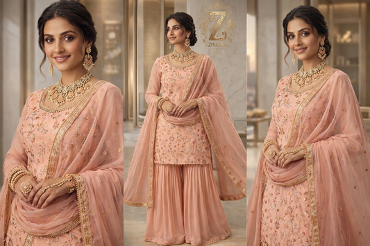 Radiant Rose Noor Embroidered Gharara Set - Gharara Set by ZIVAARA Studio