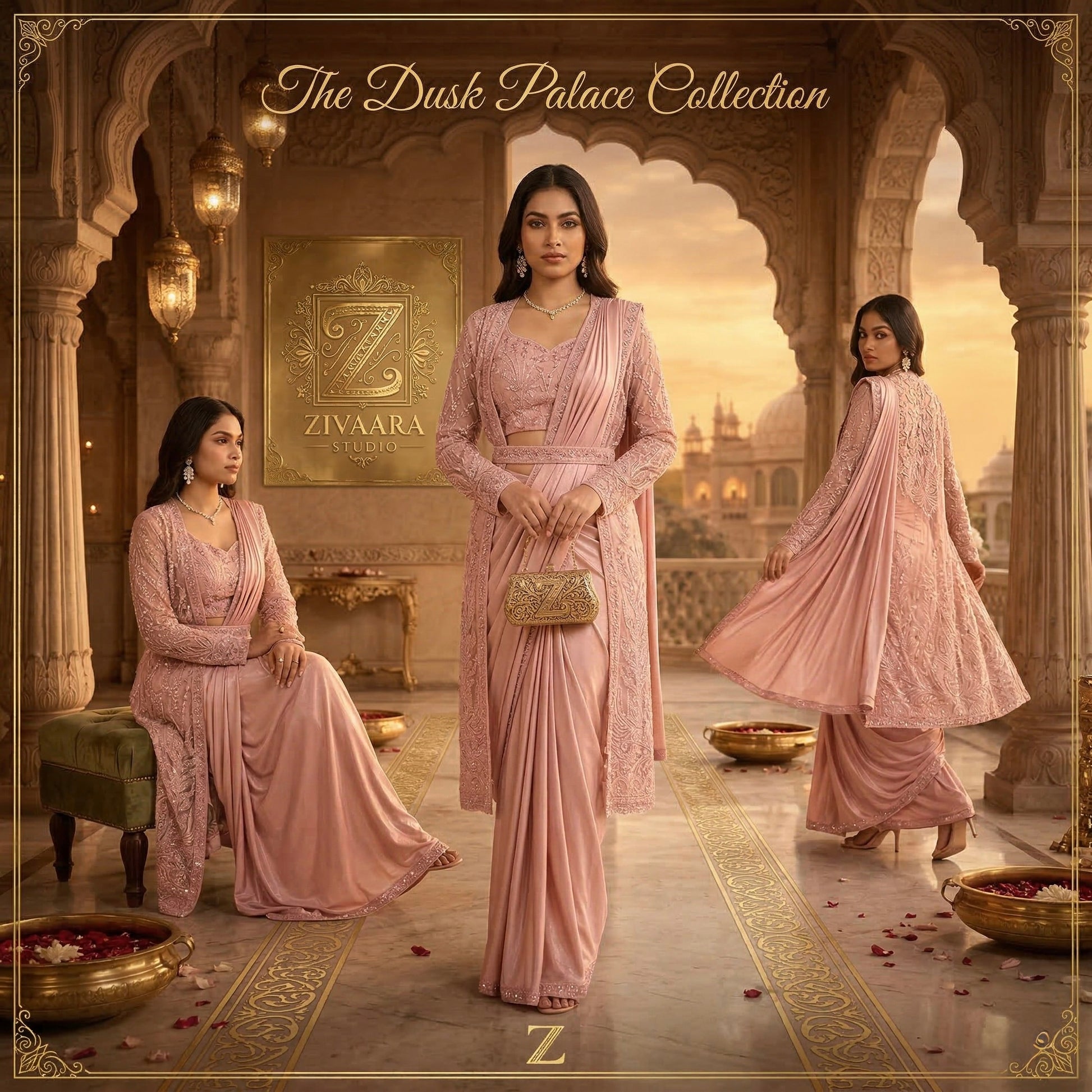 Romantic Gulabi Dust Pre-Draped Saree - Pre-Draped Saree by ZIVAARA Studio