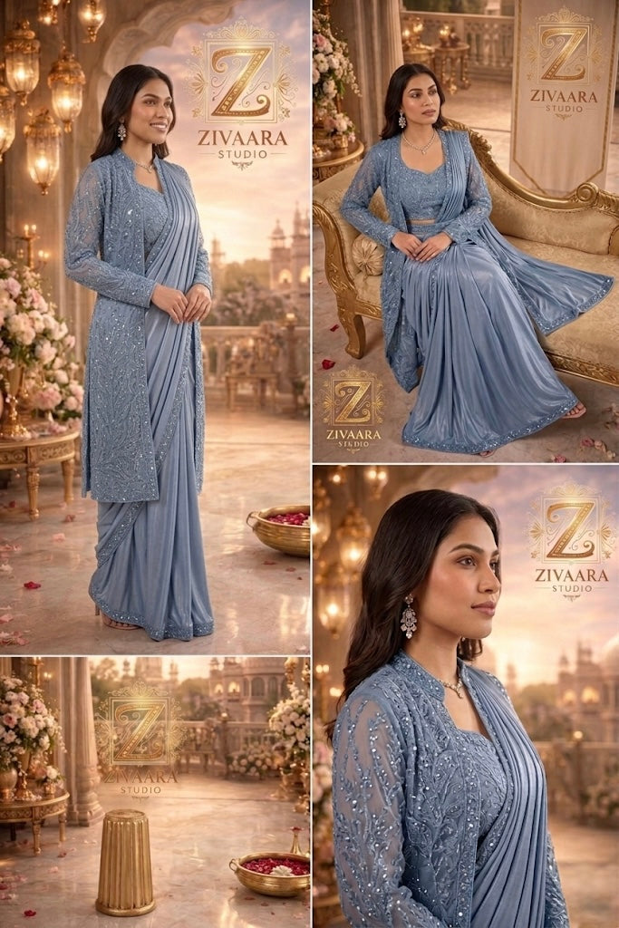 Azure Veil Pre-Draped Saree side view - Pre-Draped Saree by ZIVAARA Studio