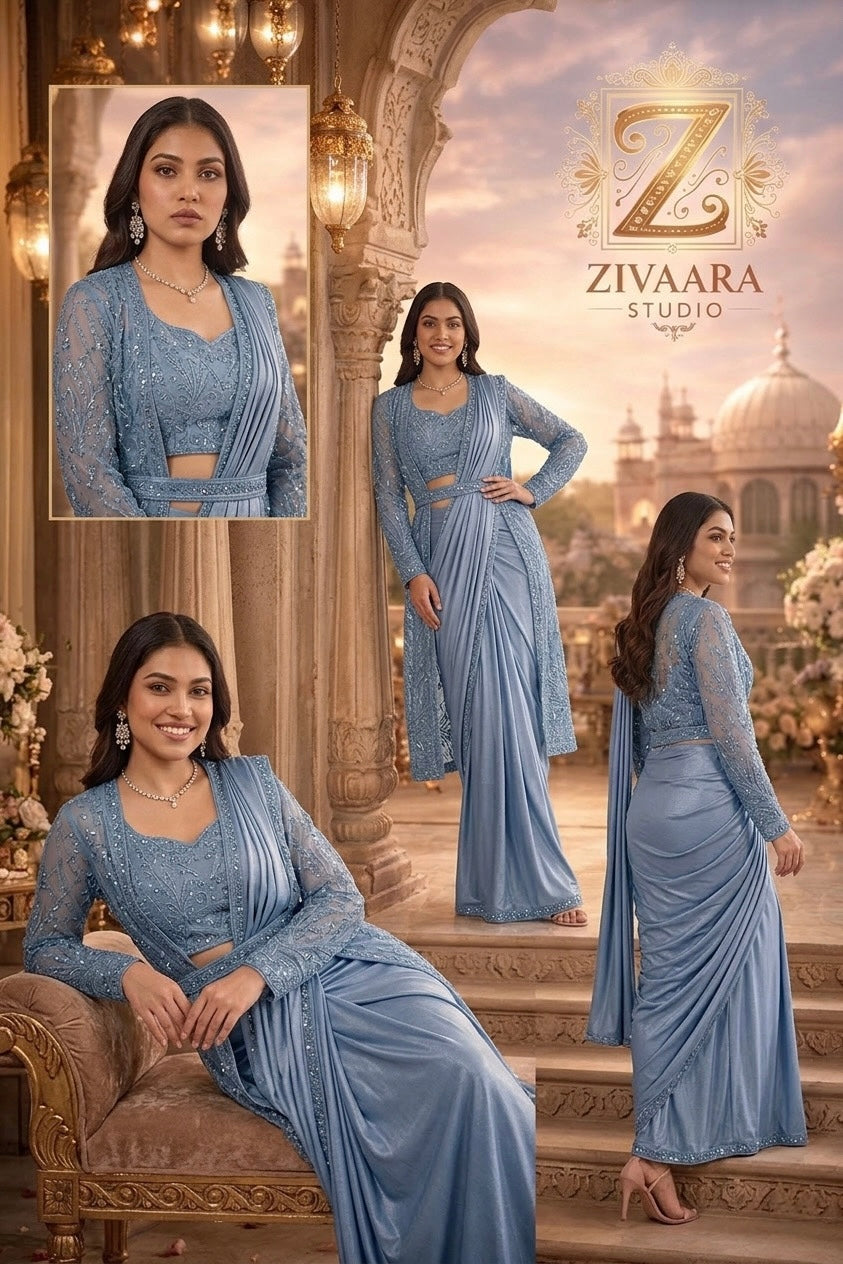 Serene Azure Veil Pre-Draped Saree - Pre-Draped Saree by ZIVAARA Studio