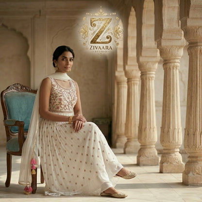 Delicate Ivory Petal Anarkali Palazzo Set - Anarkali Palazzo Set by ZIVAARA Studio