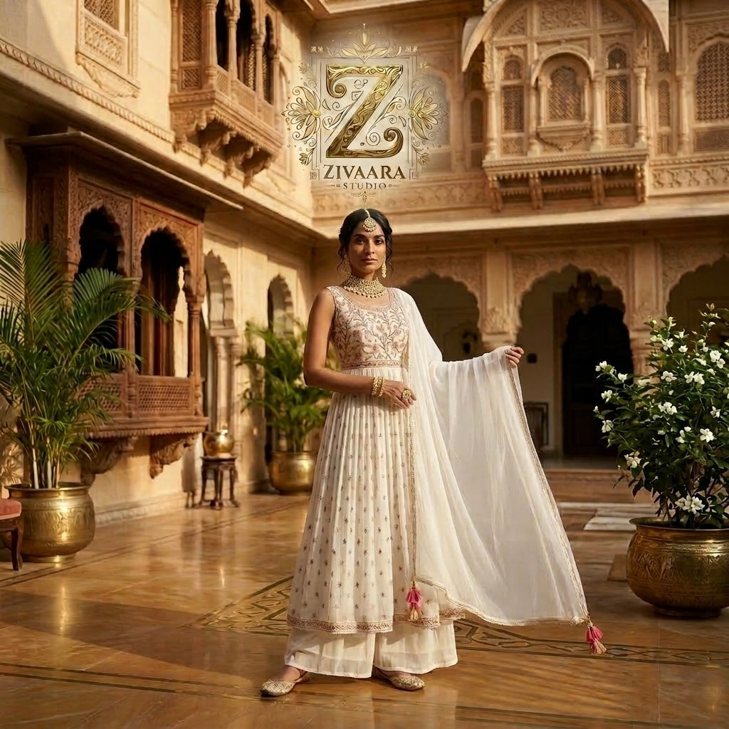 Ivory Petal Anarkali Palazzo Set side view - Anarkali Palazzo Set by ZIVAARA Studio