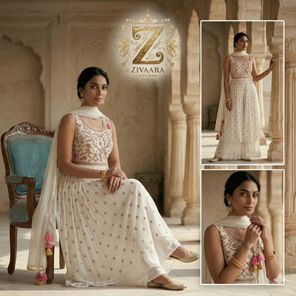 Model wearing Ivory Petal Anarkali Palazzo Set - Anarkali Palazzo Set by ZIVAARA Studio