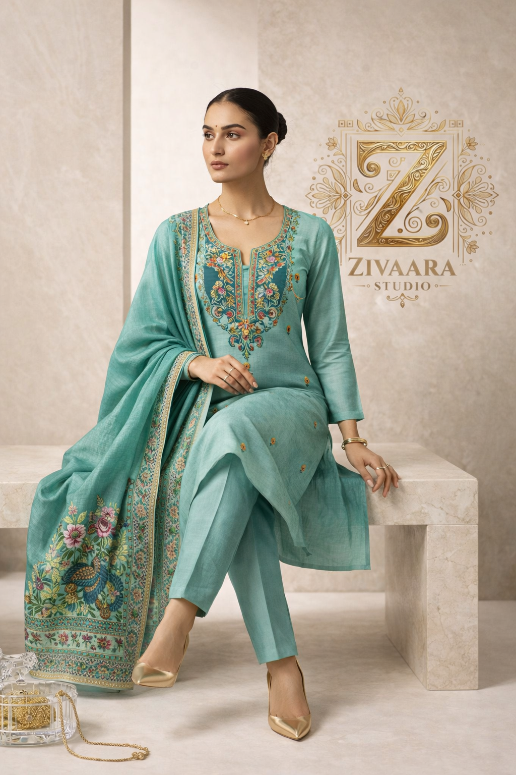 Teal embroidered kurta set detail shot - ZIVAARA Studio
