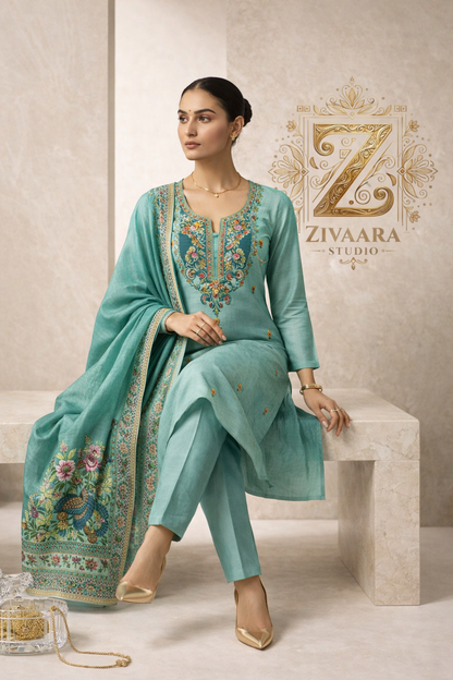 Teal embroidered kurta set detail shot - ZIVAARA Studio
