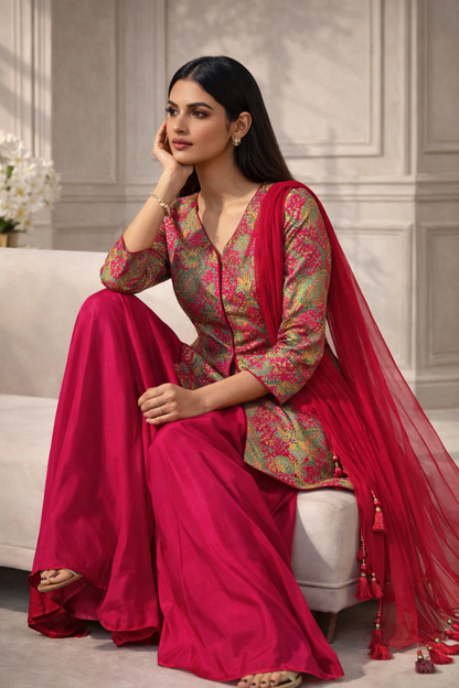 Heritage paisley statement set in rani pink — premium Indian ethnic wear by ZIVAARA Studio