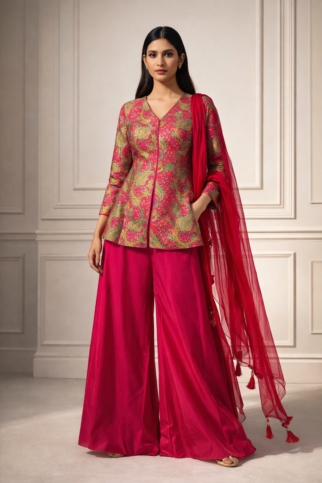 Rani pink paisley peplum jacket palazzo set full look — ZIVAARA Studio