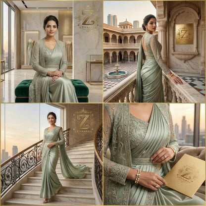 Elegant Celestial Sage Drape Ensemble - Indo-Western Saree by ZIVAARA Studio