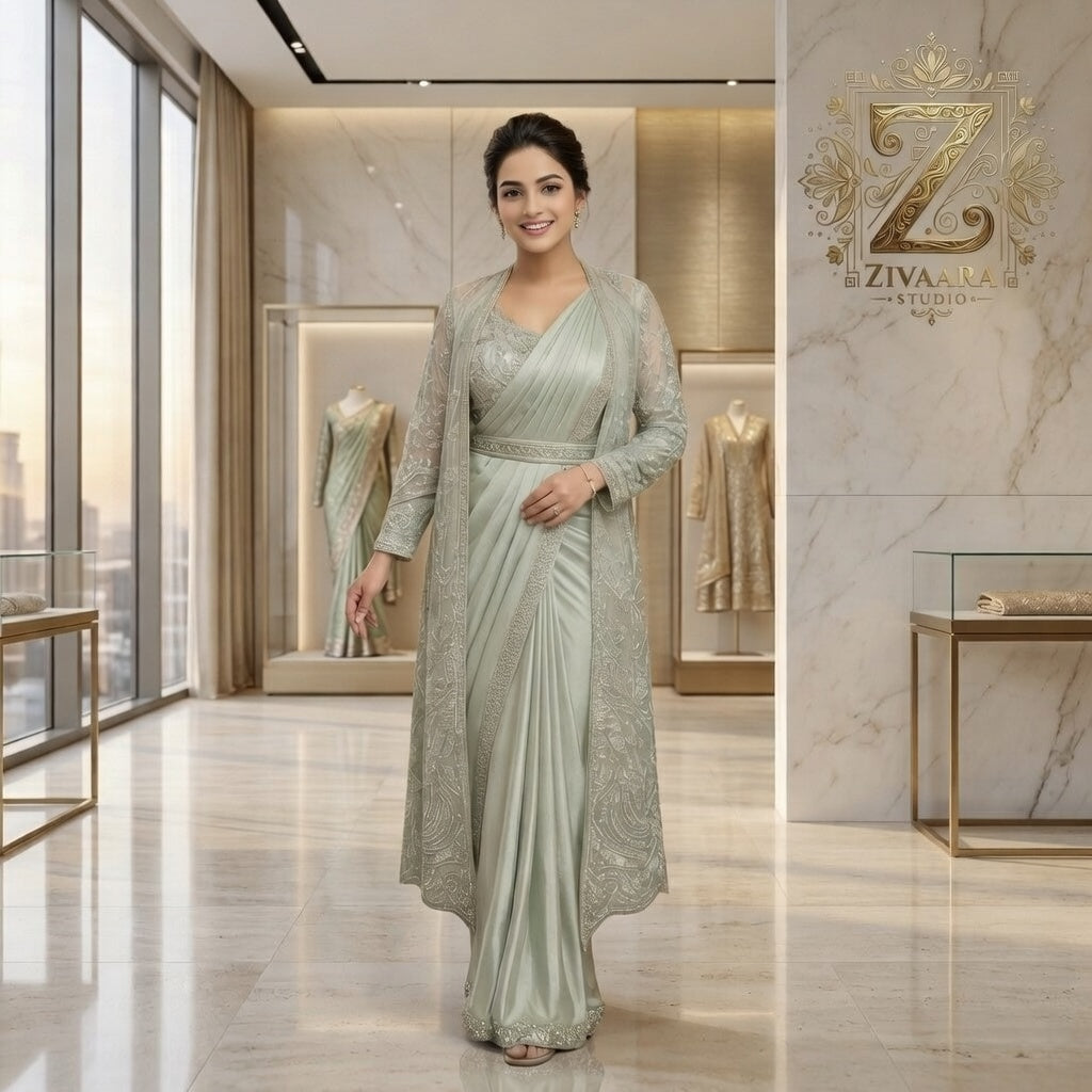 Model wearing Celestial Sage Drape Ensemble - Indo-Western Saree by ZIVAARA Studio