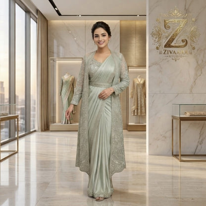 Model wearing Celestial Sage Drape Ensemble - Indo-Western Saree by ZIVAARA Studio