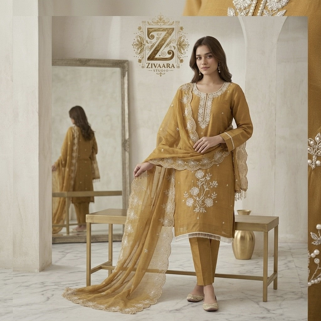 Model wearing Antique Mustard Gold Embroidered Silk Kurta - Silk Kurta Set by ZIVAARA Studio